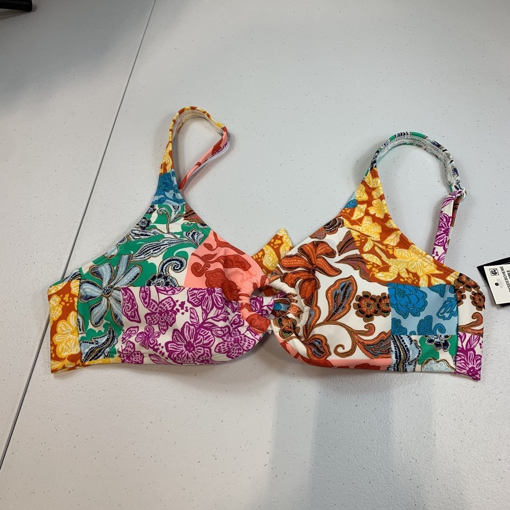 Bar III Women's Swim Bikini Top S‎ Patchwork Floral Tie Back O Ring Boho Beach